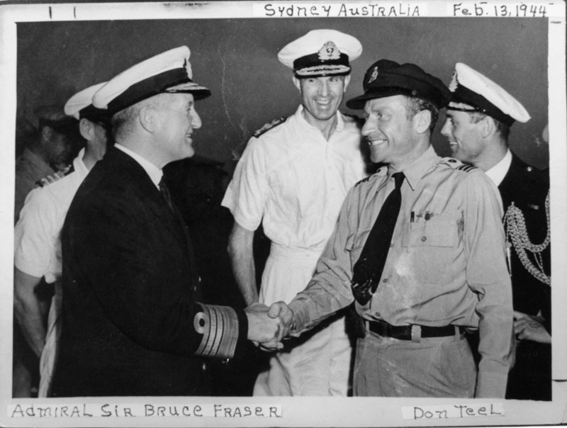 Photo: The very energetic RAFFC Capt. Don Teel, mentioned many times in the book, shakes hands with Admiral Sir Bruce Fraser. This photograph, supplied to my father by Capt. Teel, was taken in the South Pacific in 1944.