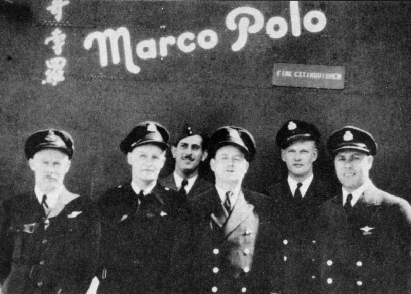 Photo: Crew of the Marco PoloFrom left, Flight Lieutenant H. J. Farley; Flight Engineer A. Wright; Flight Officer A. Colato; Radio Officer C.P. Meagher; First Officer E.C. Abbott; Capt. George P. Evans OBE.